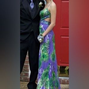Purple & Green Silk Cut Out Prom Dress